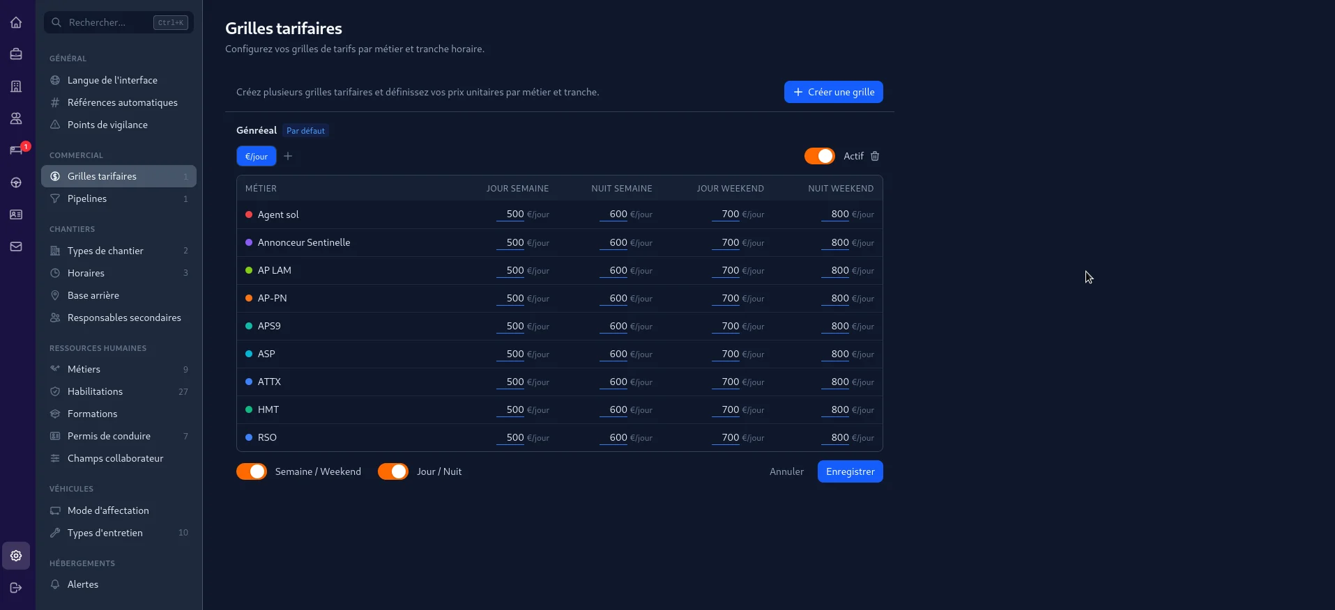 Page paramètres — Grilles tarifaires par métier et tranche horaire