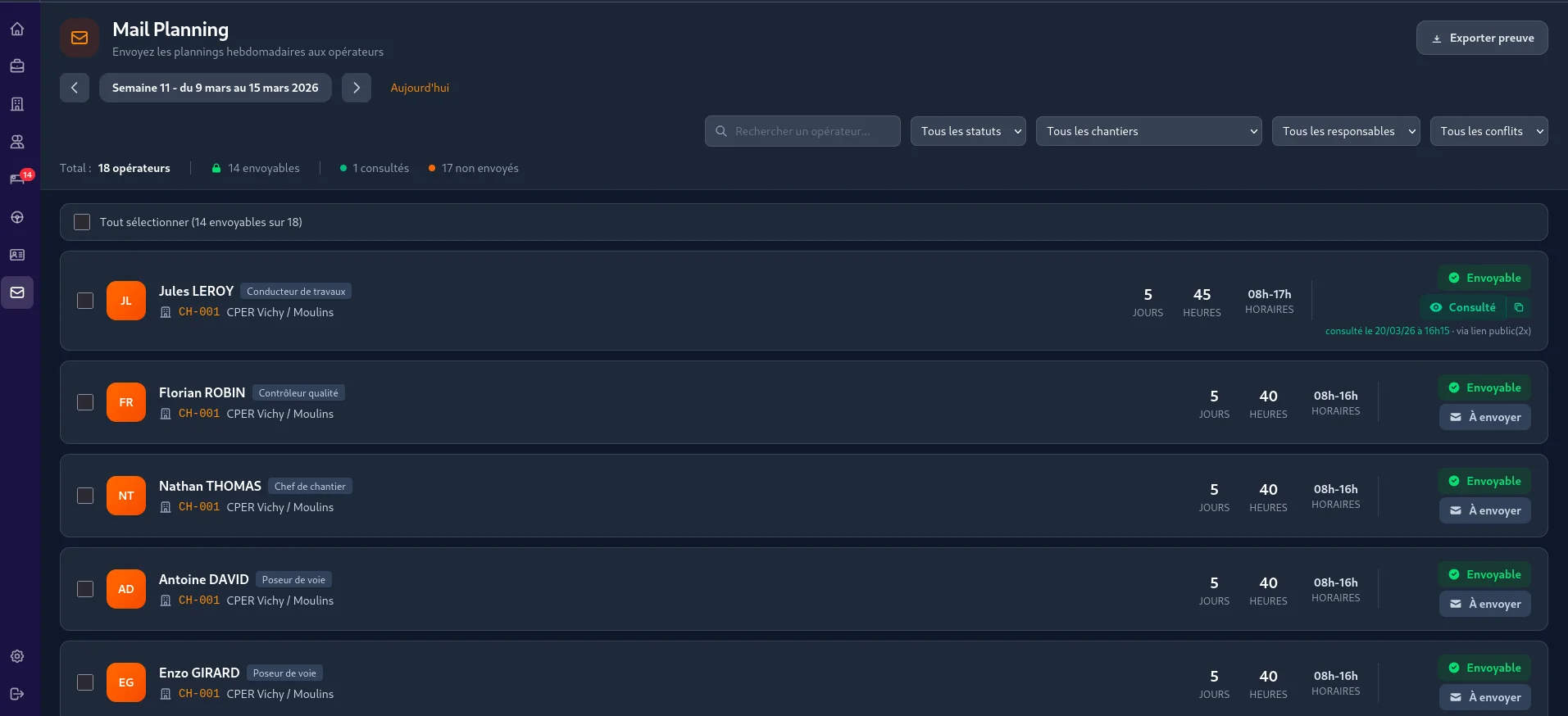 Mail Planning — Interface d'envoi des plannings hebdomadaires