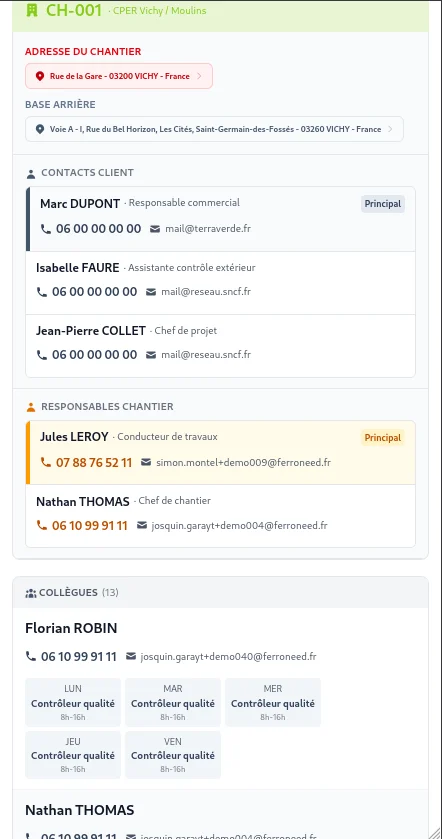 Planning reçu — Contacts client, collègues et documents du chantier