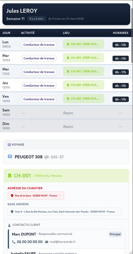 Planning reçu par l'opérateur — Vue semaine sur mobile