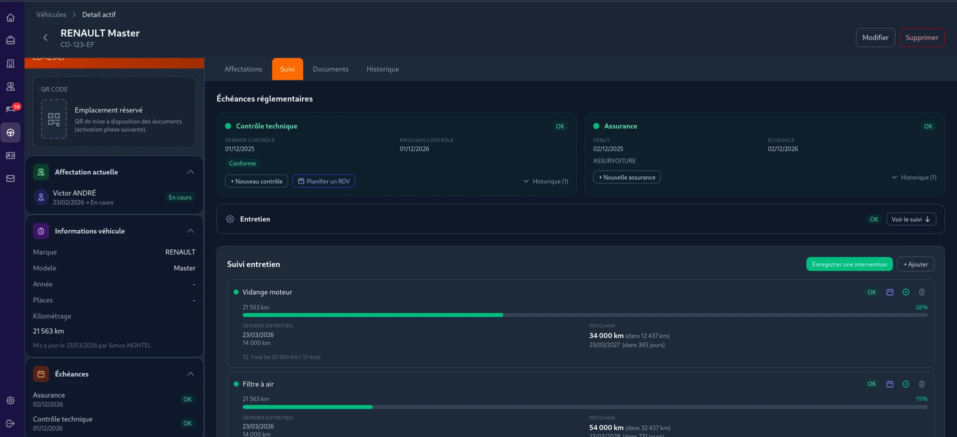 Détail véhicule — CT, assurance, entretien, kilométrage