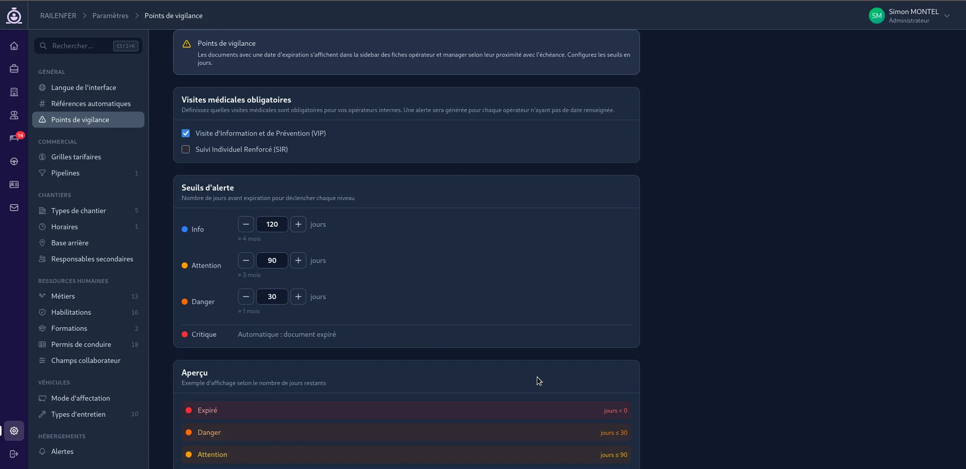 Paramètres de vigilance — Seuils d'alerte configurables par organisation