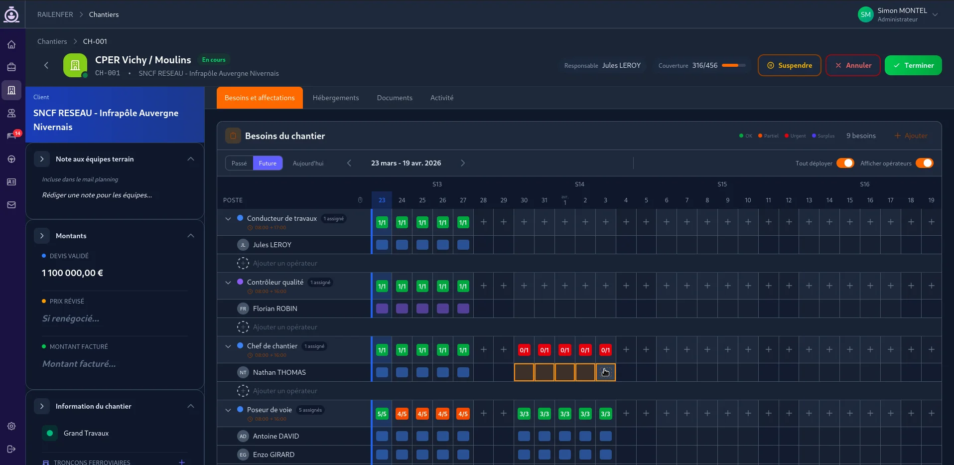 Grille planning Needplanning — Vue besoins du chantier avec couverture temps réel